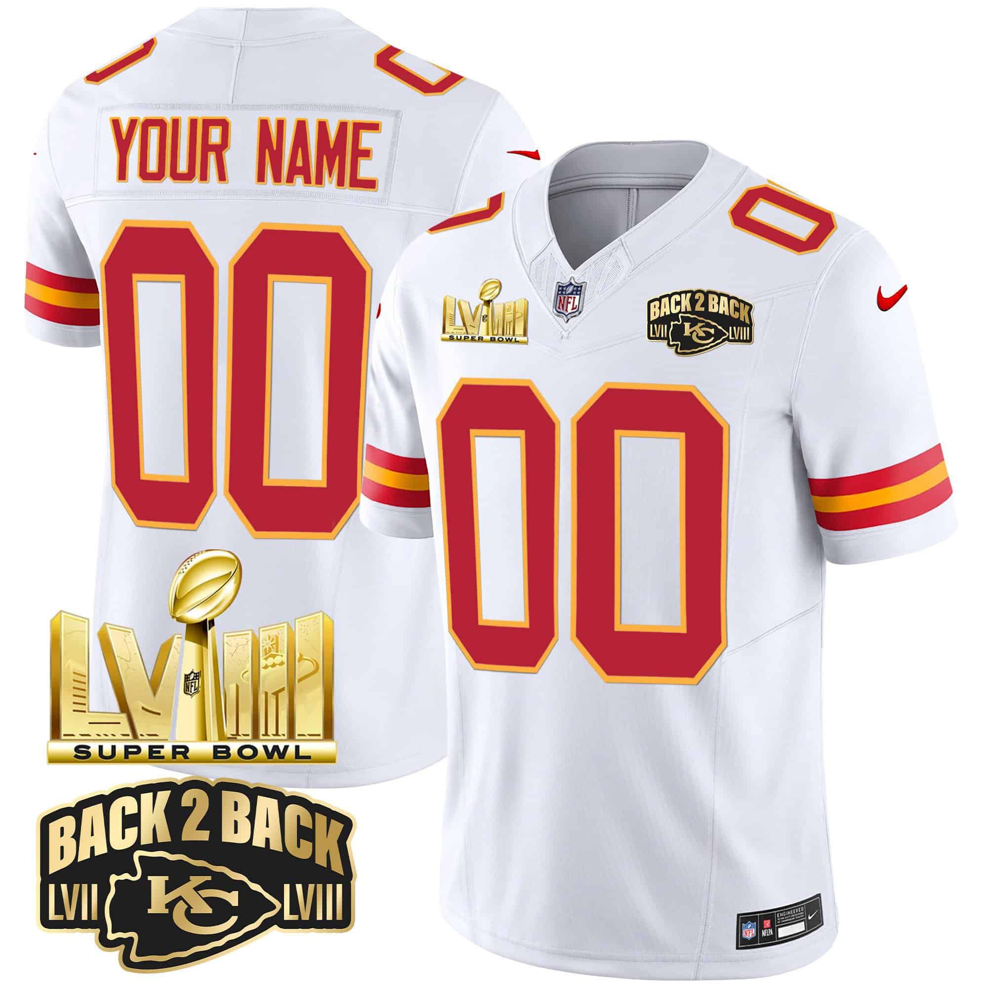 Men Kansas City Chiefs White 2024 Nike Super Bowl LVIII & Back 2 Back Gold Patch Vapor Custom NFL Jersey